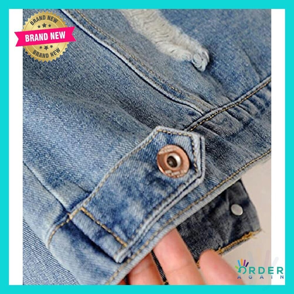 Distressed Ripped Denim Jacket Classic Vintage Trucker Fit Long Sleeve - Picture 8 of 8